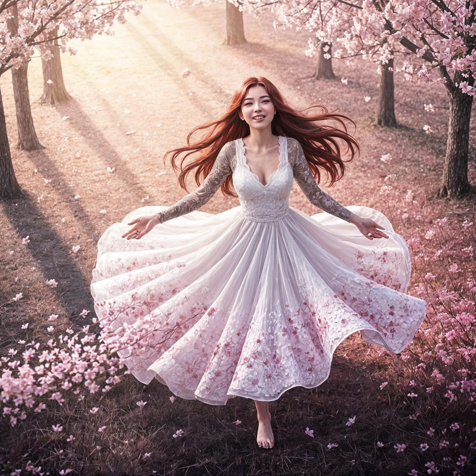 Japanese Woman Twirling in Cherry Blossom Forest