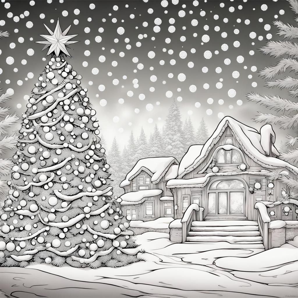 Christmas Tree Coloring Page with Decorations and Snow