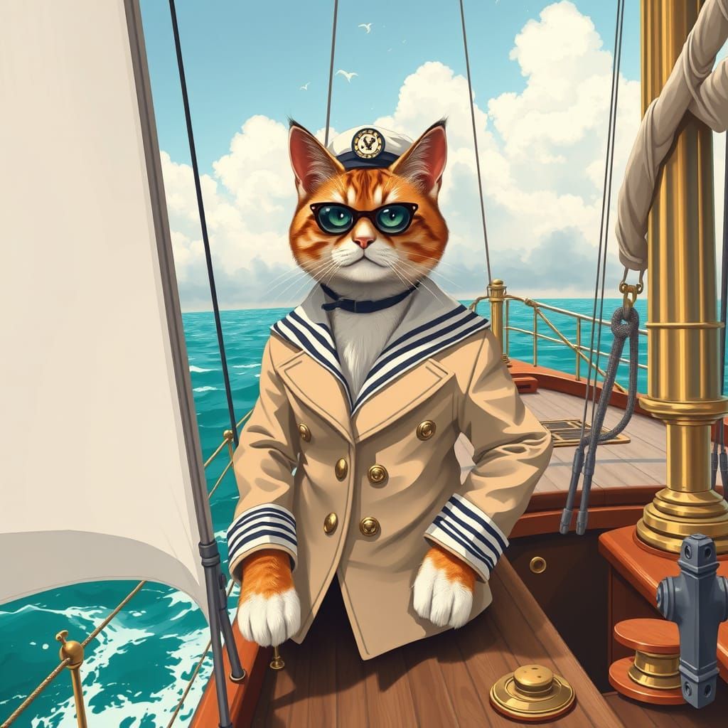 Elegant Feline Sailor on Vintage Sailing Yacht