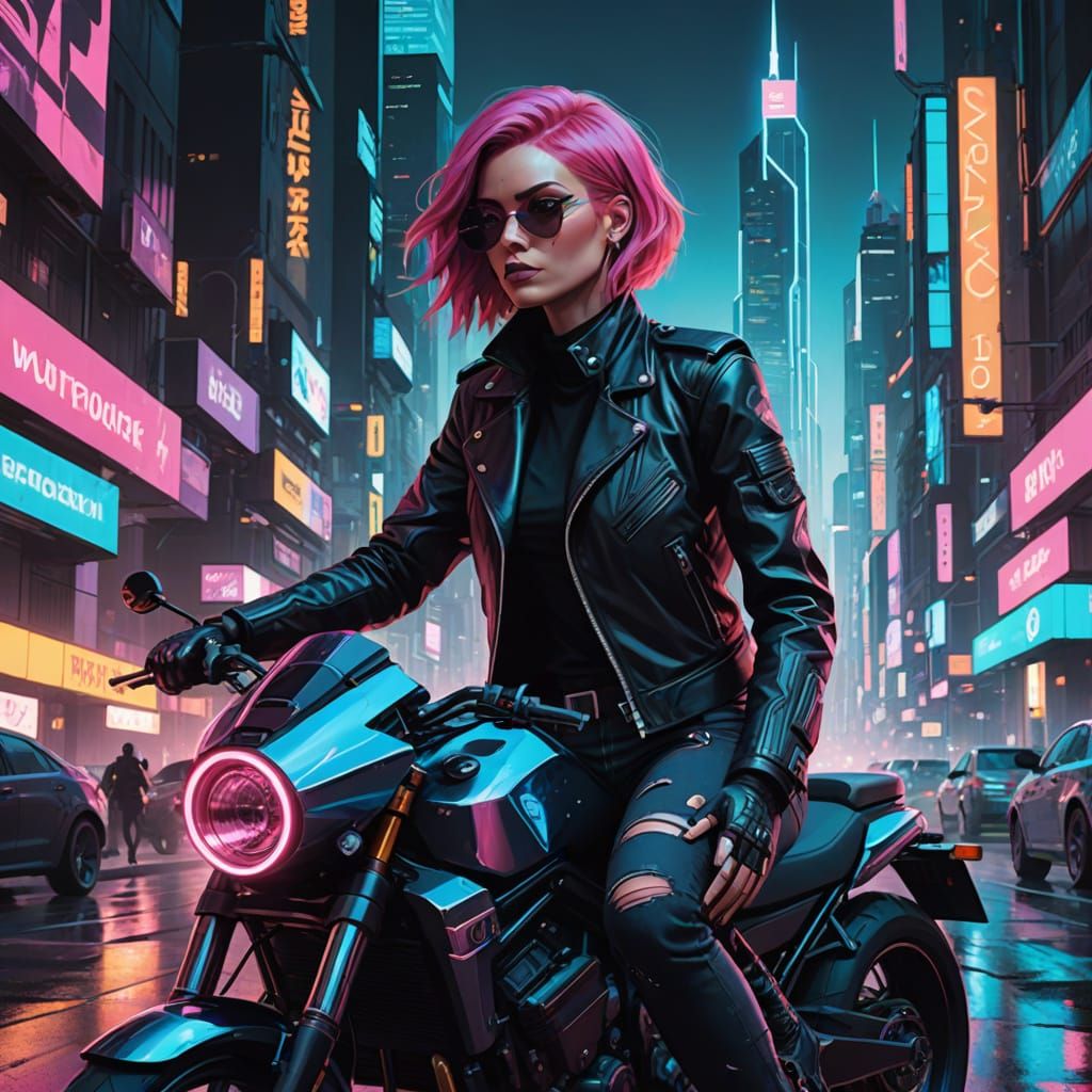 Cyberpunk Woman Rides Motorcycle Through Neon City