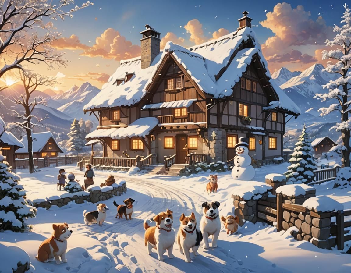 Winter Cottage Scene with Snowman in Anime Style