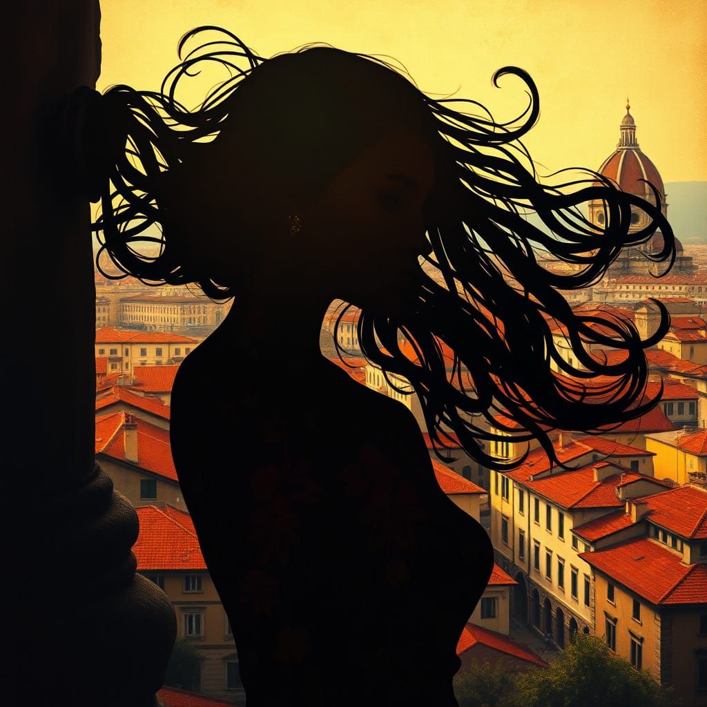 Elegant Woman Merges with Florence Cityscape in Double-Expos...