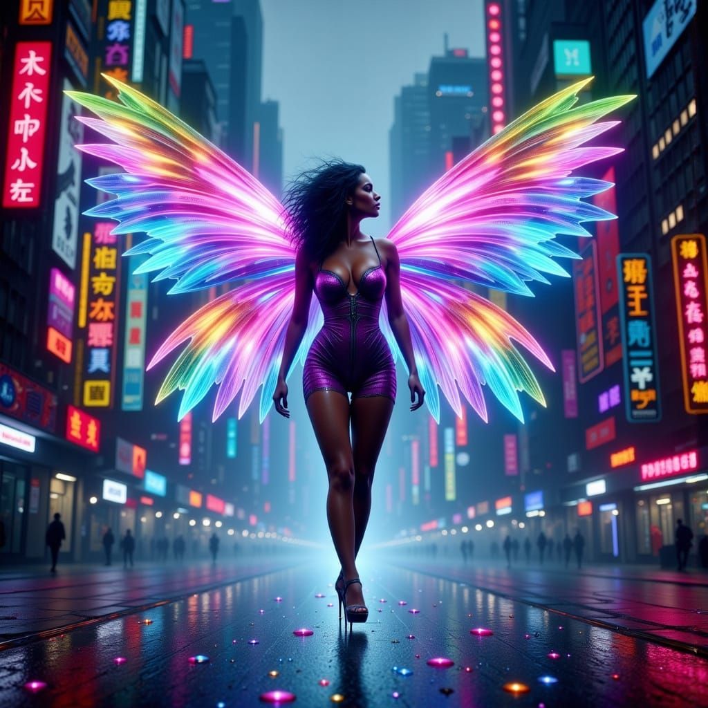 Cyberpunk Fairy in Rain-Soaked City