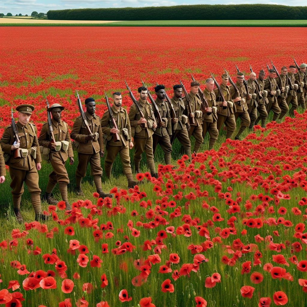 British Soldiers Marching Through Poppy Field