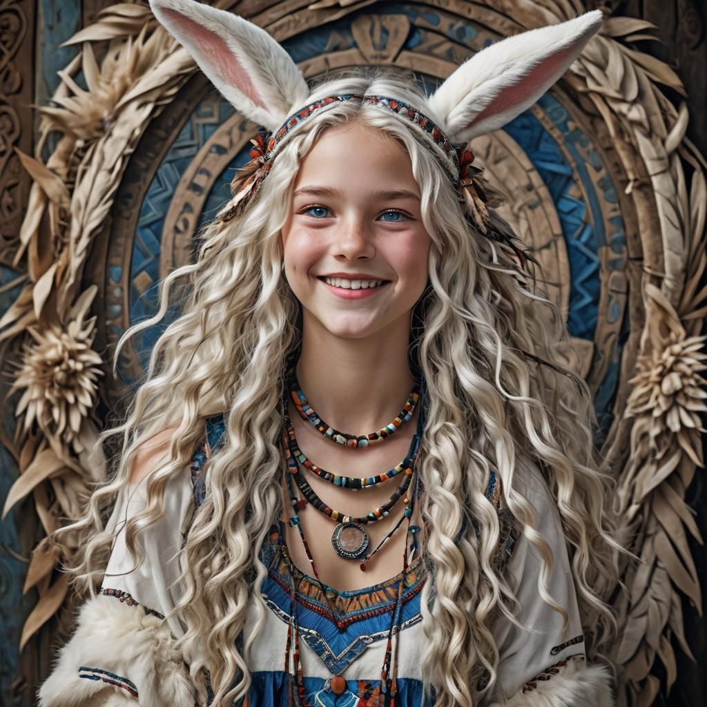 Hyperrealistic Girl with Rabbit Ears in Fur Dress