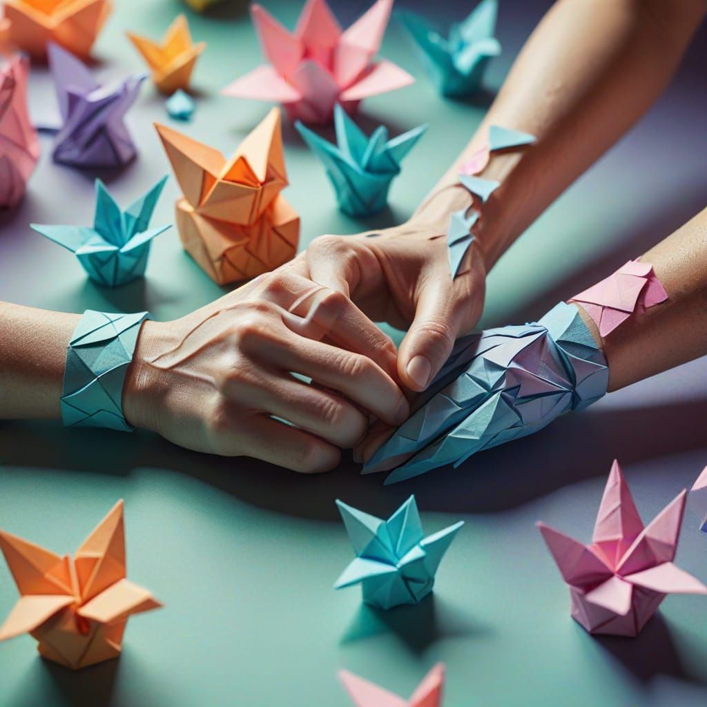 Hands Create Origami Paper Craft in Pastel Colors