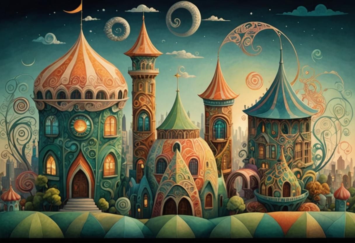 Whimsical Candyland Cityscape with Zentangle Details