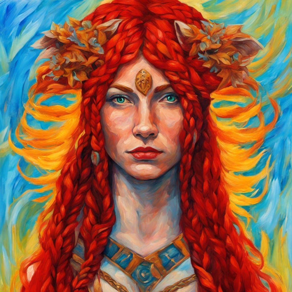 Red-Haired Wolf Goddess with Braids as Impasto Painting