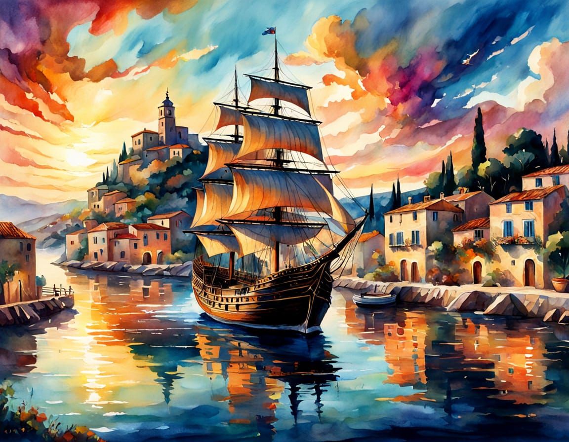 Sailing Ship in Warm Mediterranean Sunset