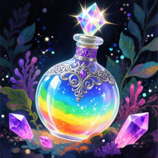 Fantasy Potion Bottle with Glowing Crystals, Gouache and Wat...