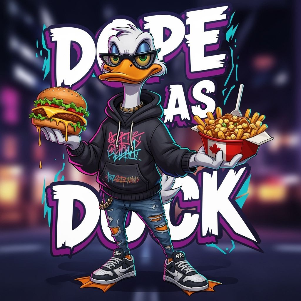 Cool Duck Character with Streetwear and Fast Food