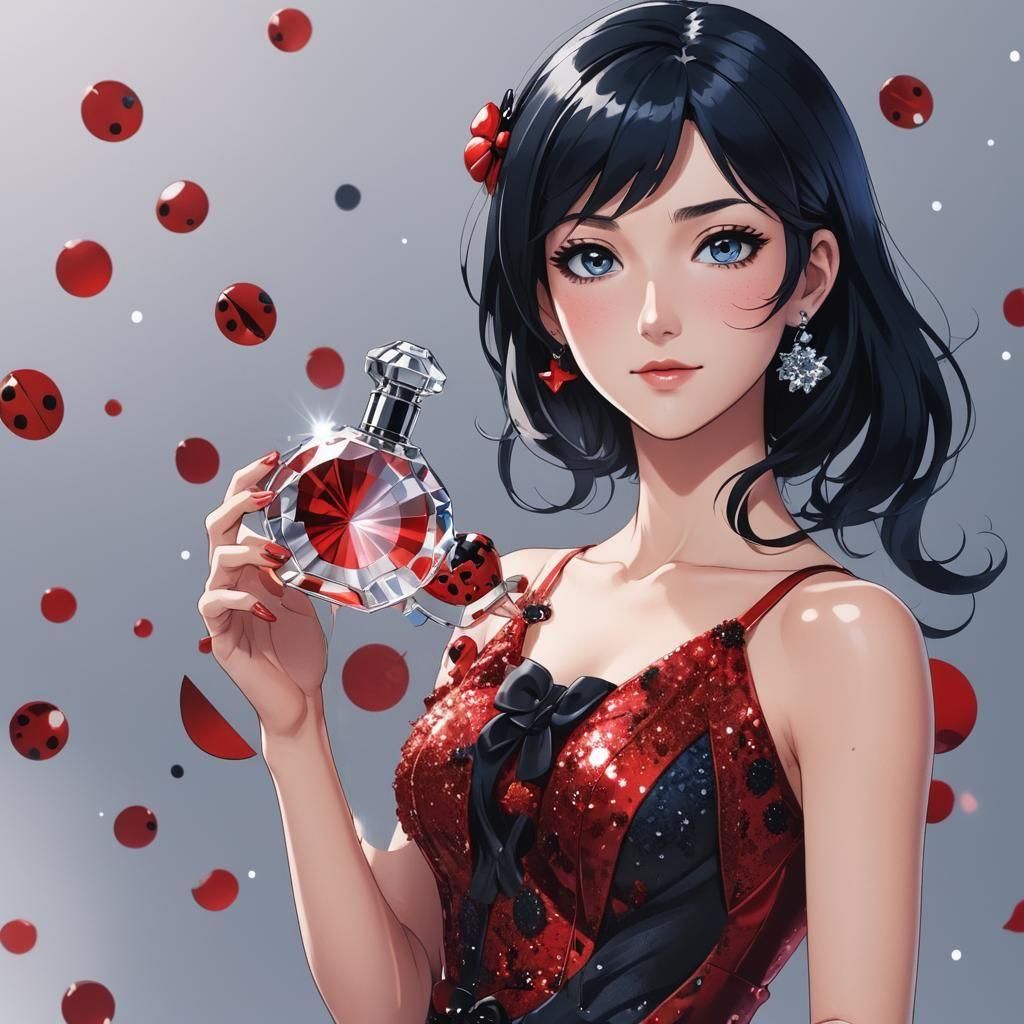 Ladybug in Red Gown Promoting Perfume, Anime Style