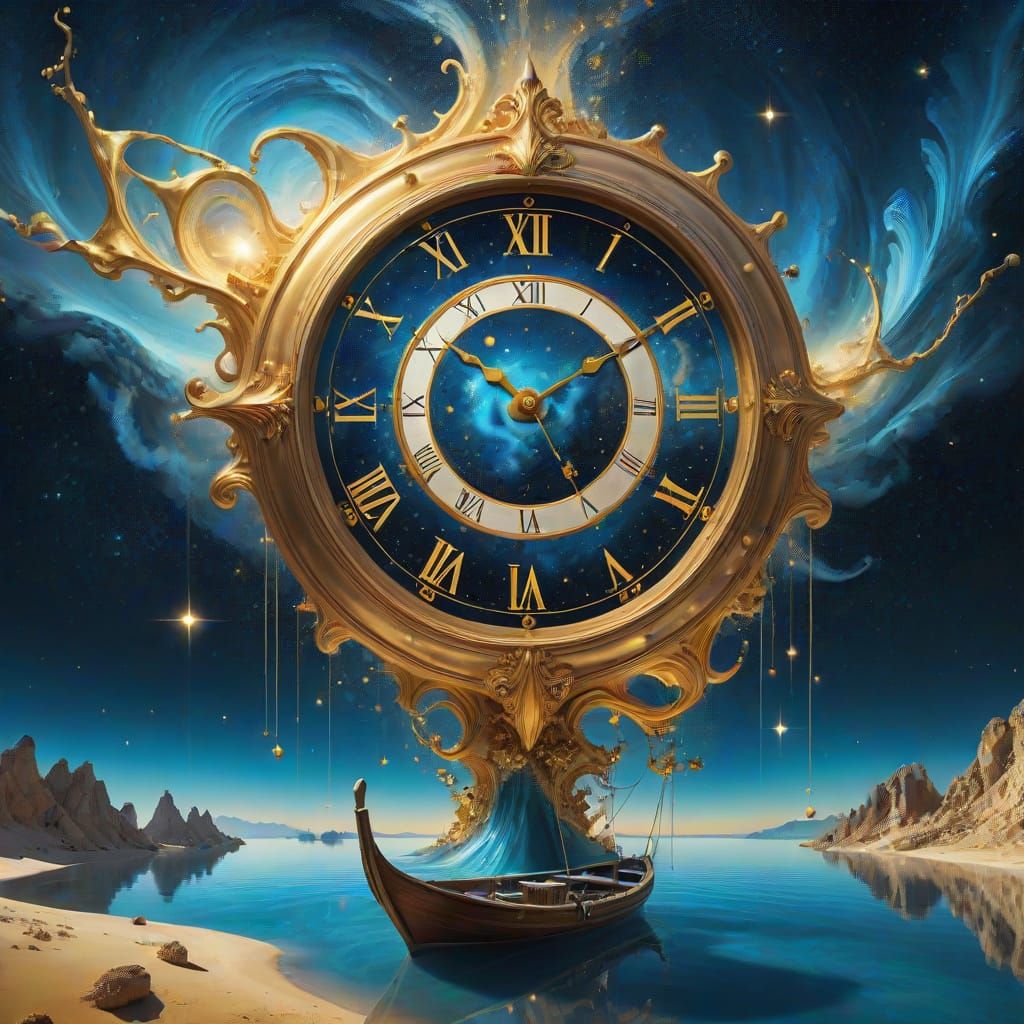 Timeless Surrealism: A Clock Dissolves into Cosmic Infinity