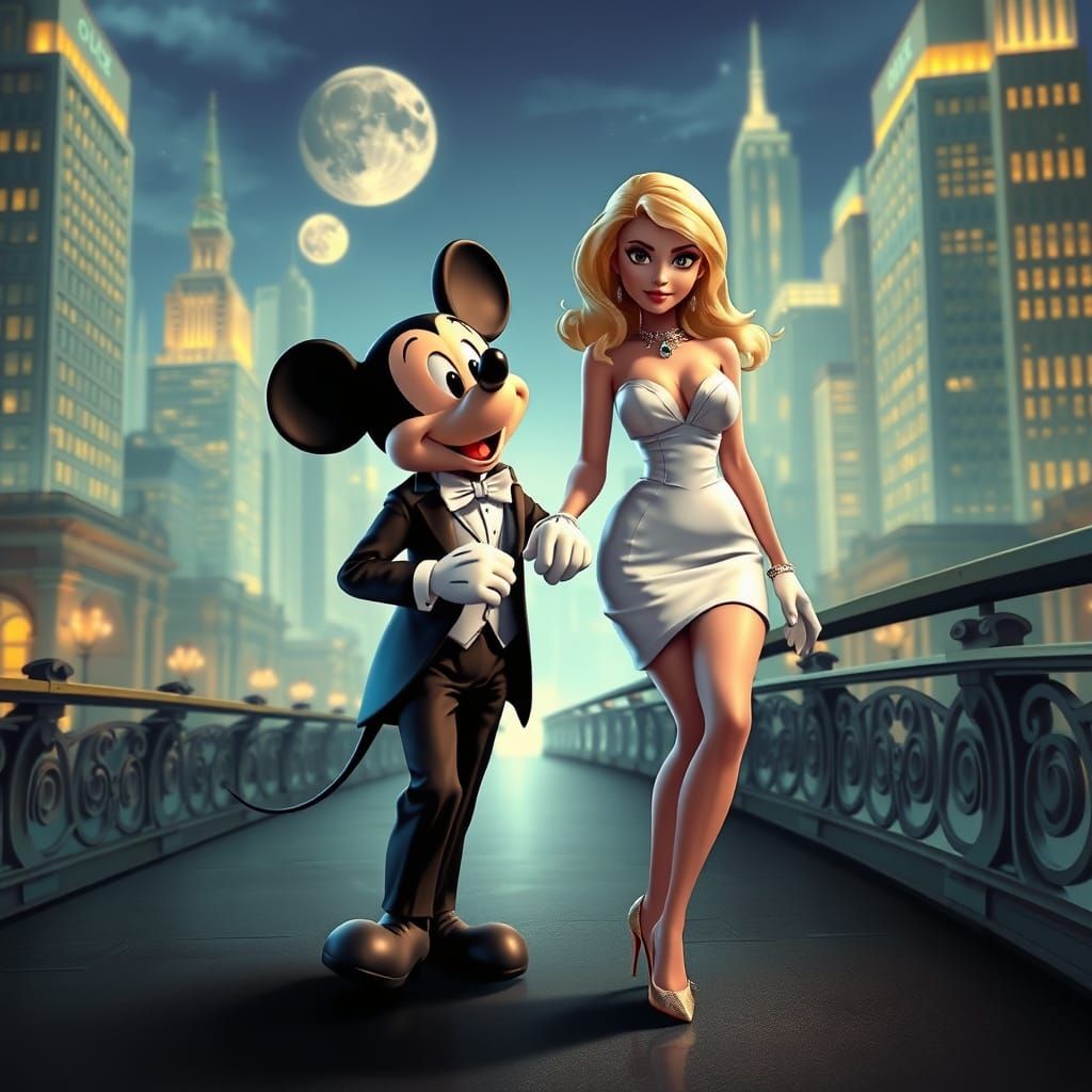 Mickey Mouse in a Luxurious Cityscape with a Stunning Blonde...