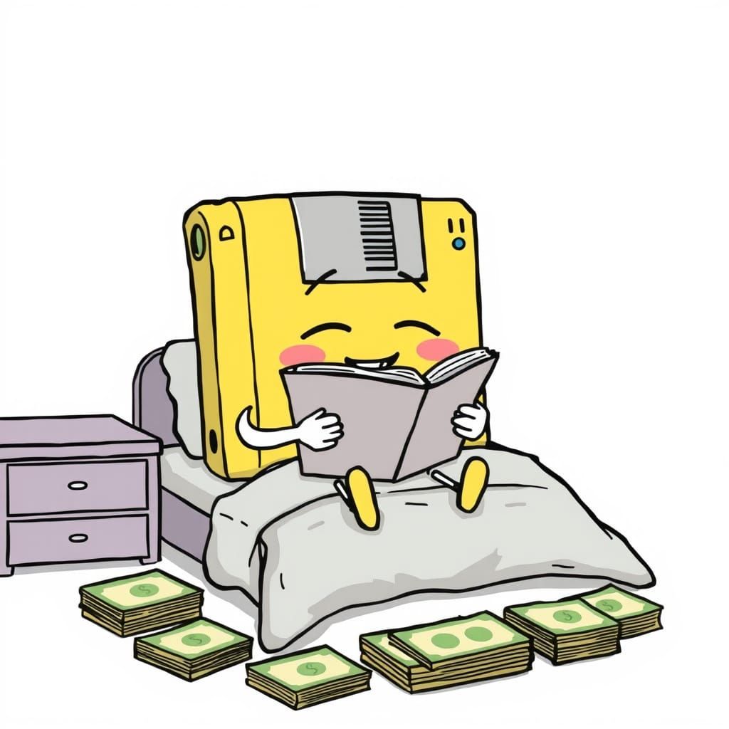 Cartoon Floppy Disk Reading on Bed with Cash