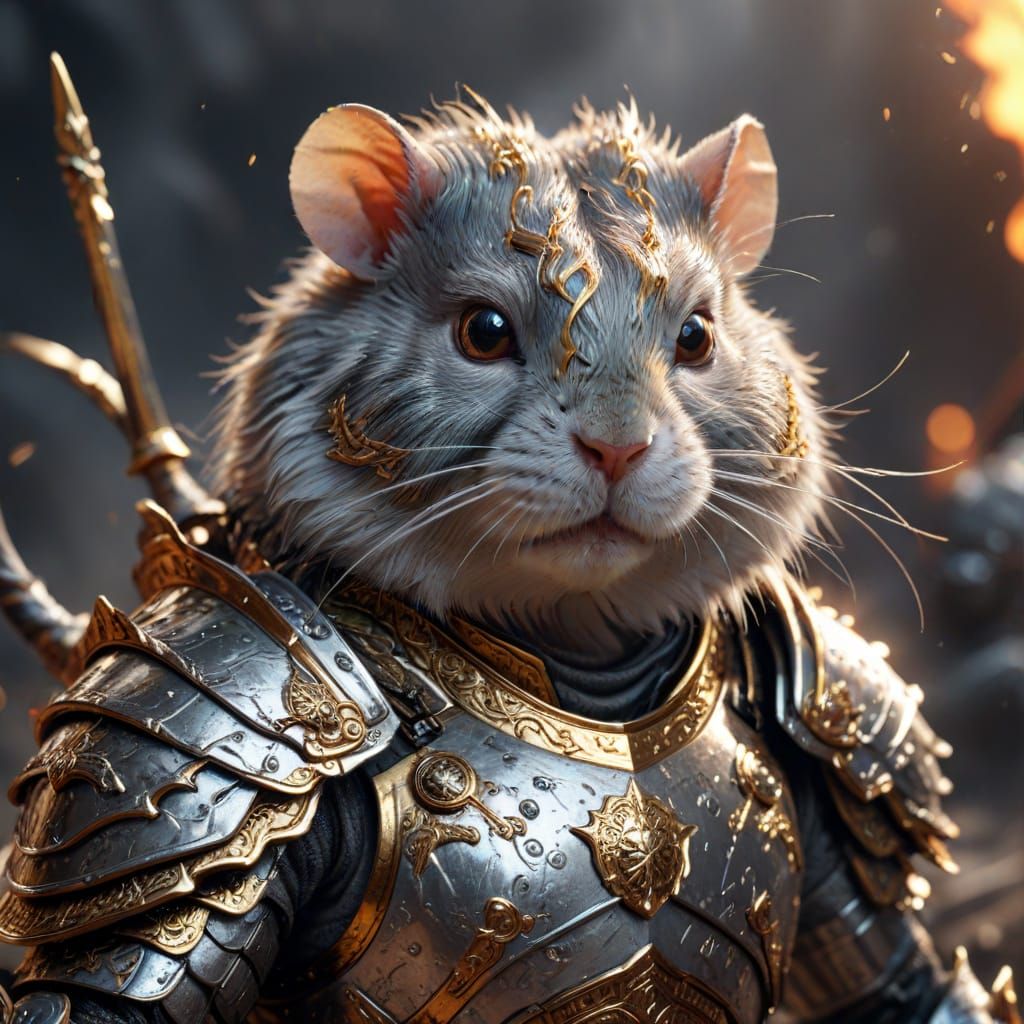 Close up portrait. A Gerbil Samurai stands defiantly amidst the chaos of a battlefield, clad in silver and gold metallic...