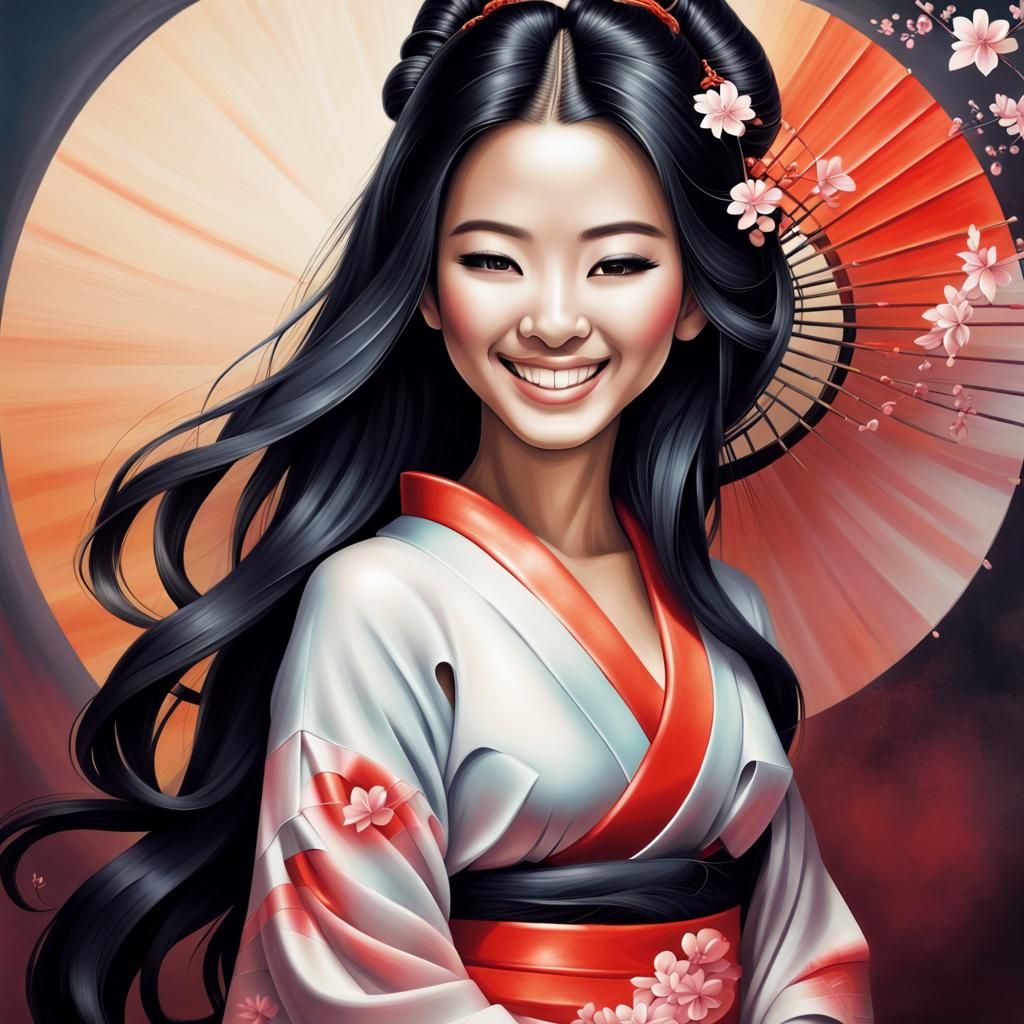 Airbrush Illustration of a Smiling Geisha Woman