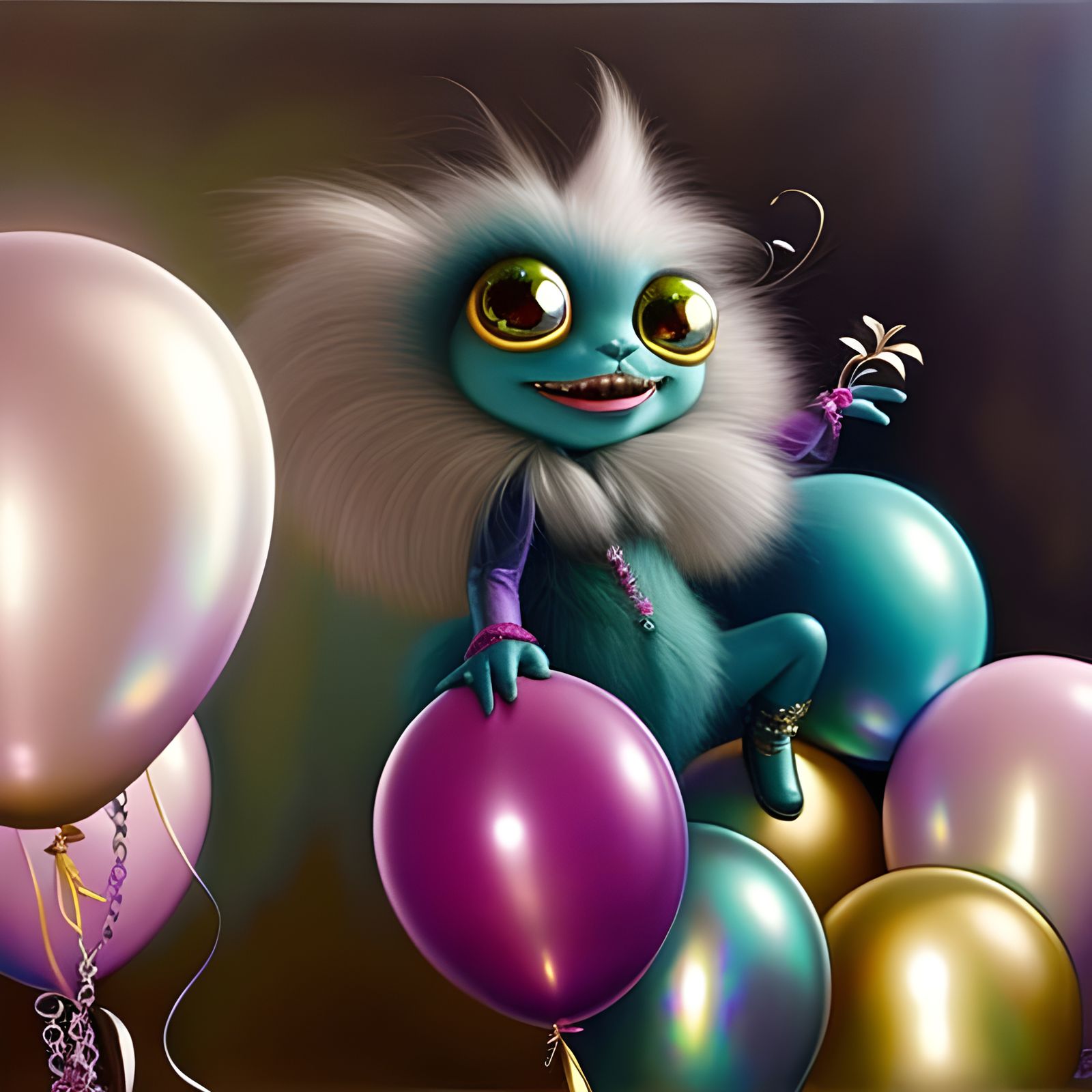 Smiling Kawaii Monster with Balloons: Oil Painting