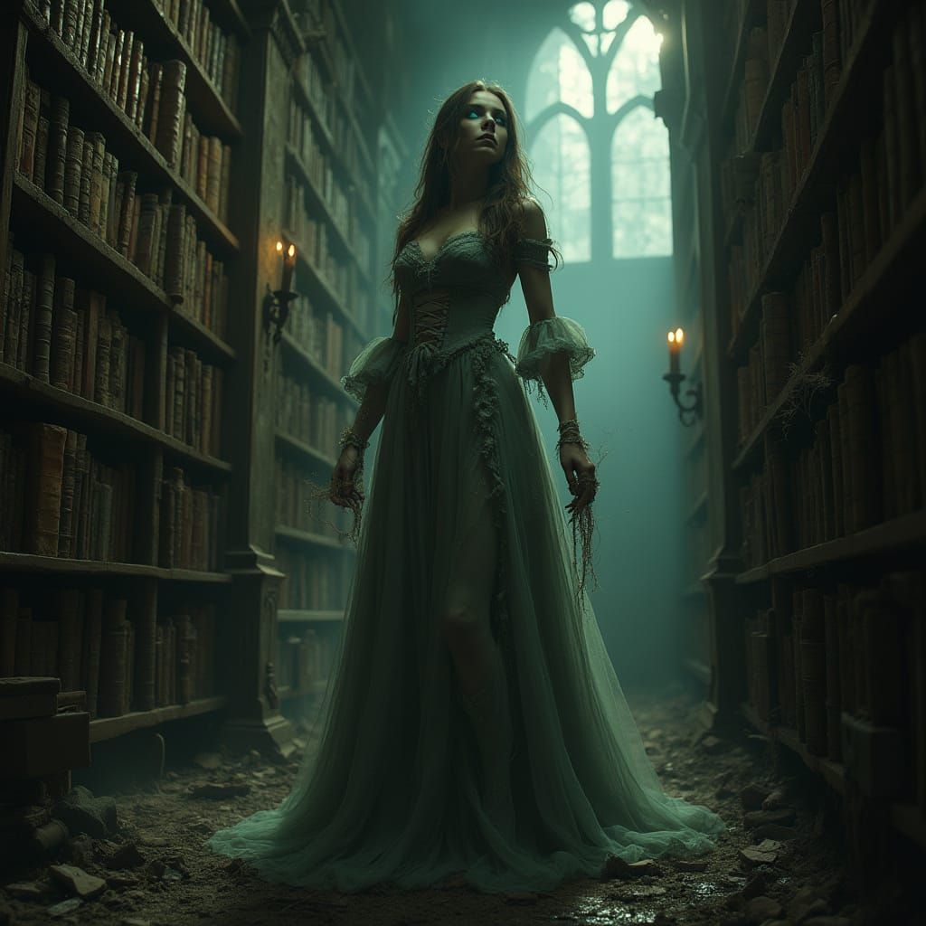 Banshee Librarian in Decaying Gothic Library