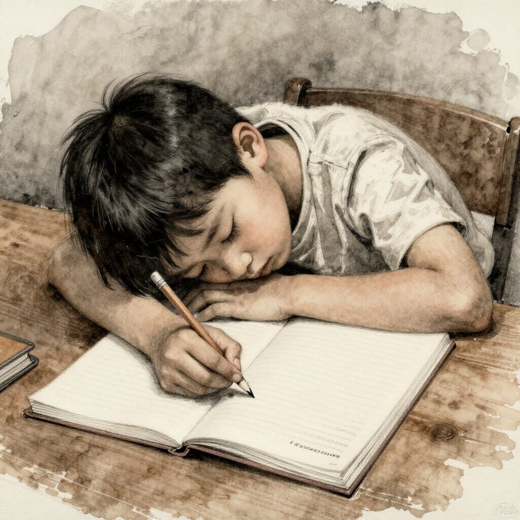 Child Slumped Over Homework in Charcoal and Watercolor