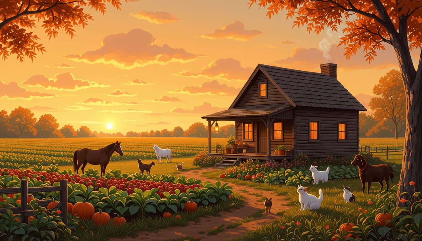 Cozy Farmhouse Scene in Golden Light