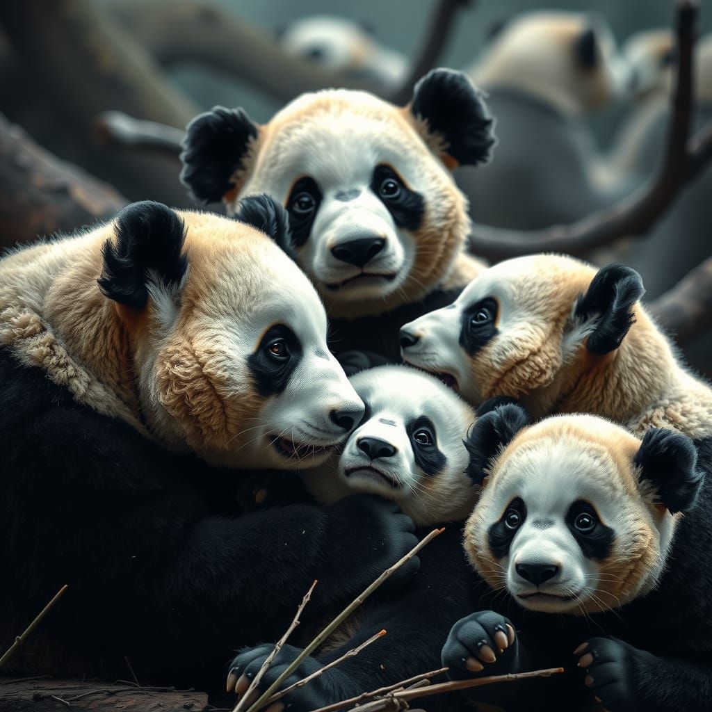 Hyperrealistic Panda Family in Cinematic Style