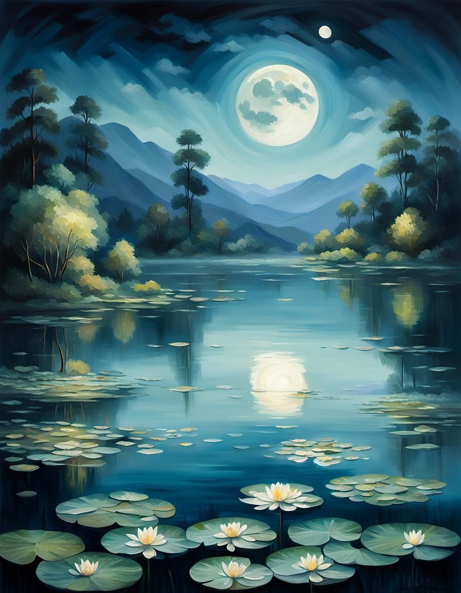 Mystical Moonlit Lake in Impressionistic Style