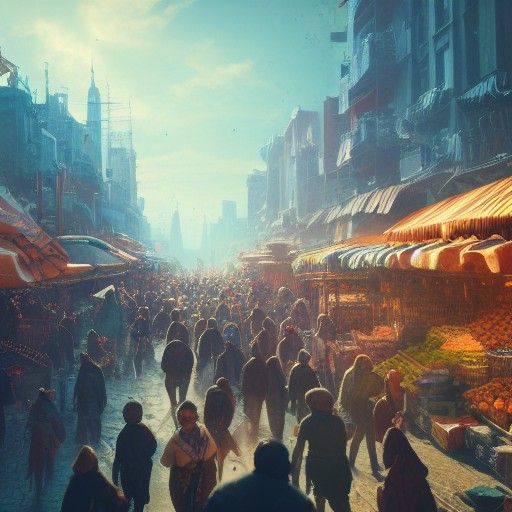 Crowded Fantasy Market in Cinematic Style