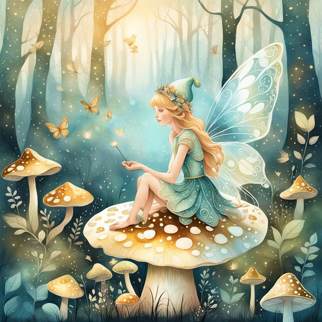 Enchanting Fairy on Toadstool, Mixed Media Illustration