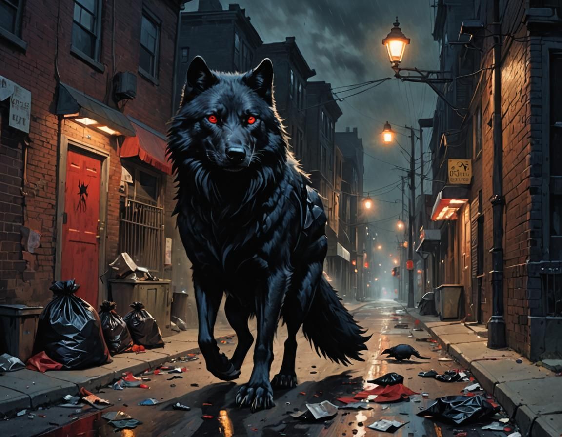 Sinister Black Wolf in Dark City Alley