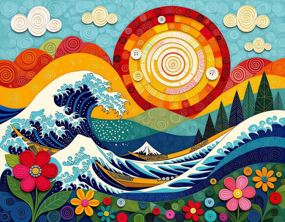 Colorful Embroidered Folk Art Landscape with Mixed Media