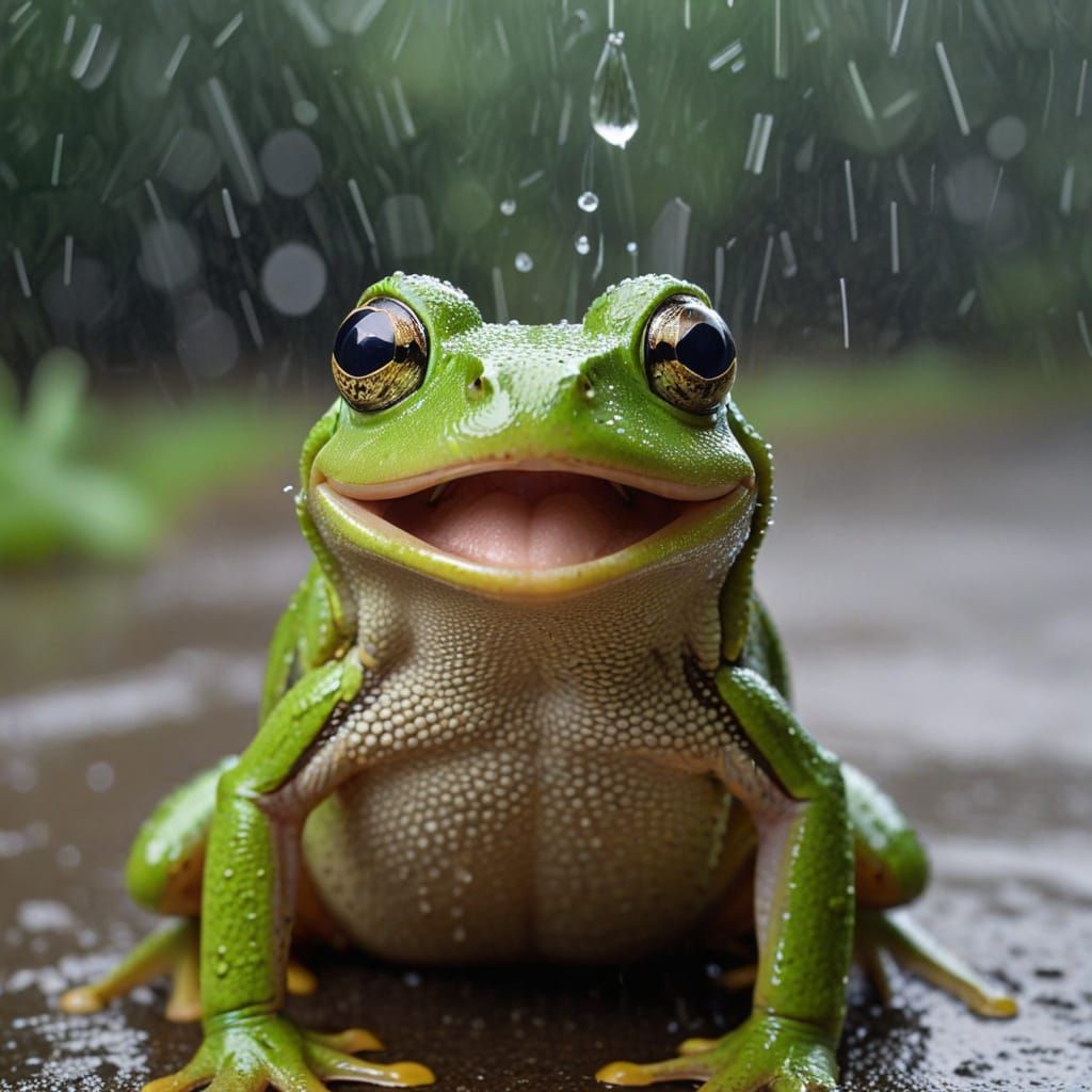 Funny Surprised Frog in Heavy Rain
