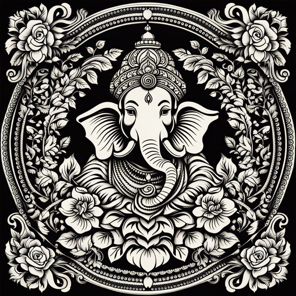 Ganesh Etching with Floral Elements and Symmetry