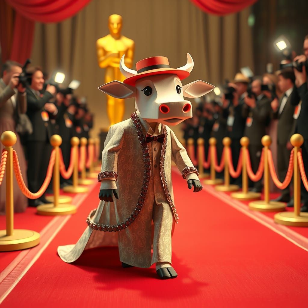 Elegant Kirigami Cow Strolls Red Carpet Oscars