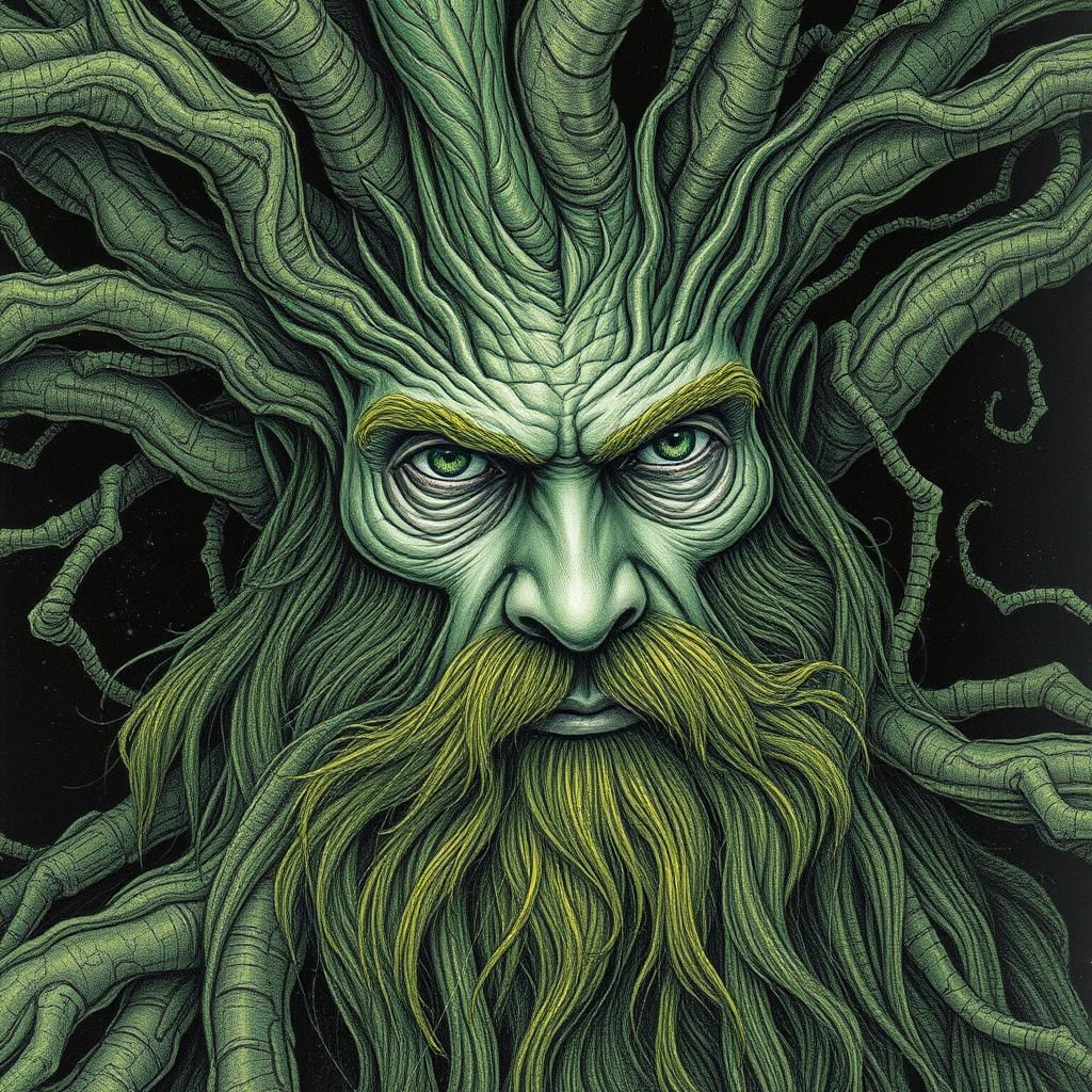 Treebeard Portrait in Lothlórien, Neurographic Alcohol-Ink S...