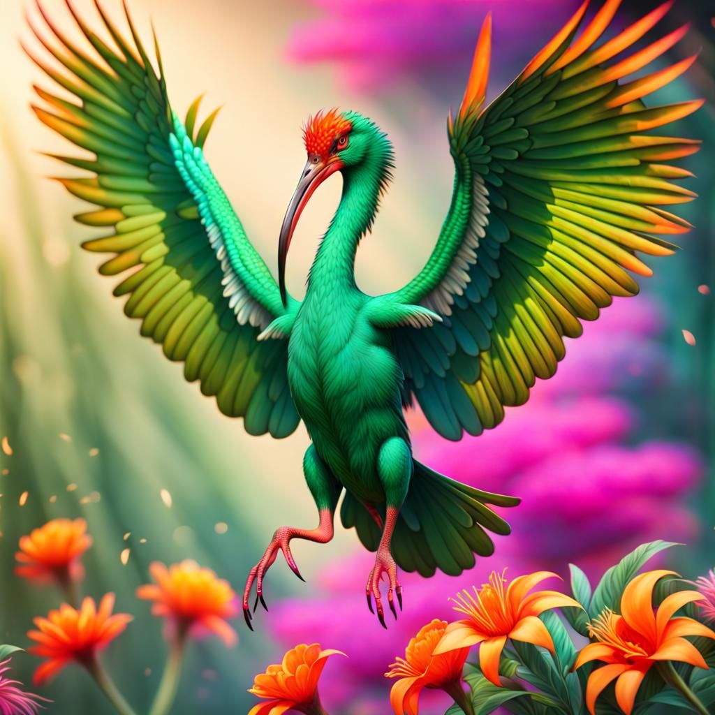 Green Phoenix Ibis Bursting into Exotic Flowers