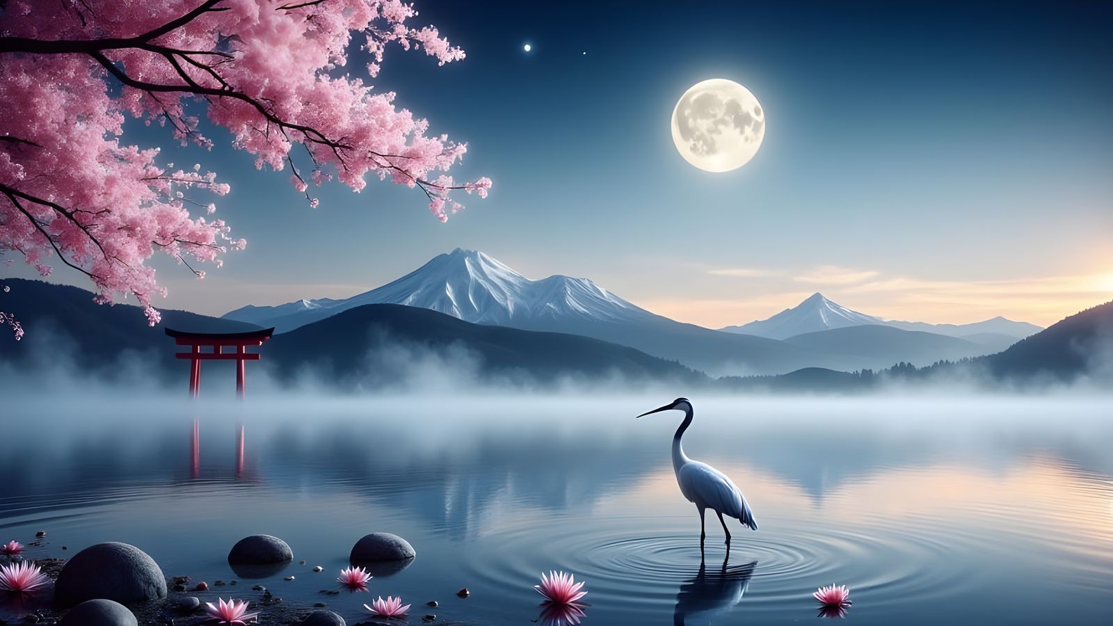 Misty Japanese Lake Scene with Shinto Gate and Majestic Cran...