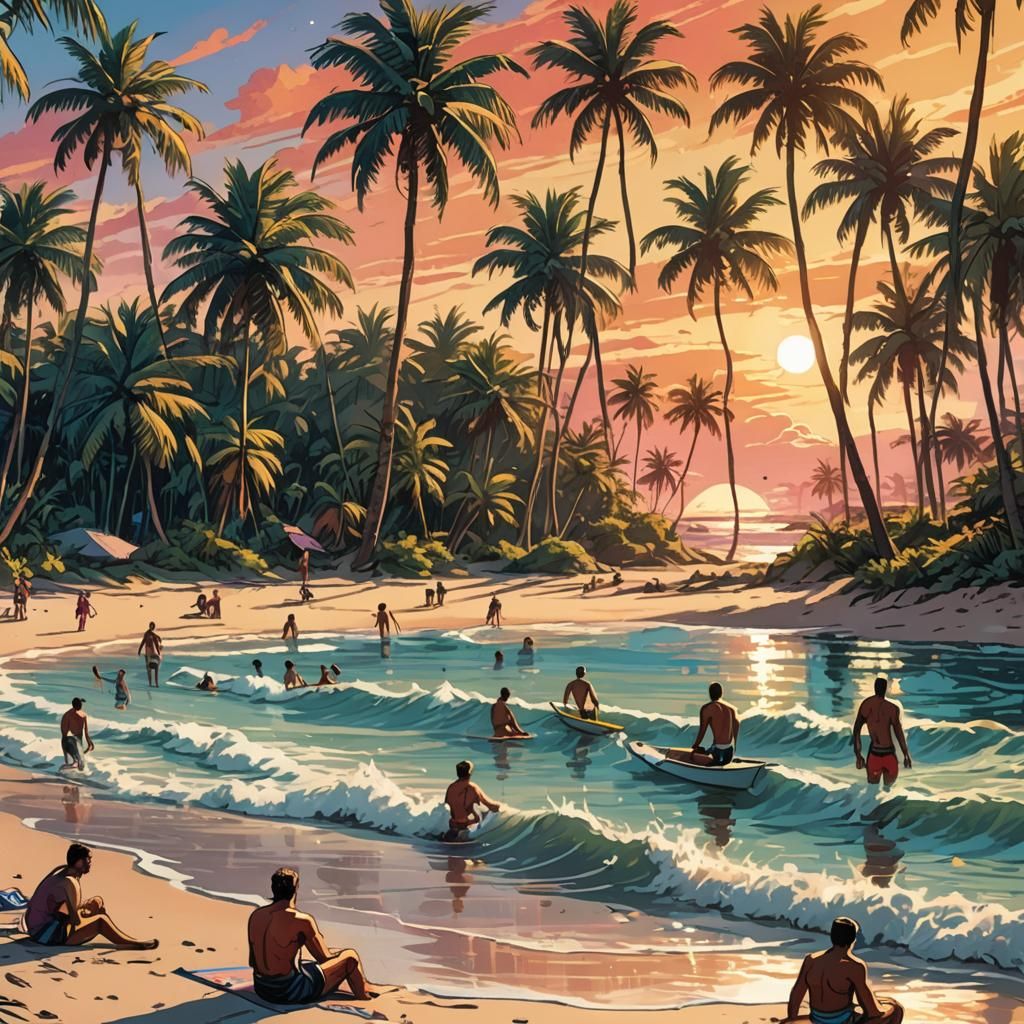 Vibrant Comic Book Beach Scene in Tropical Colors