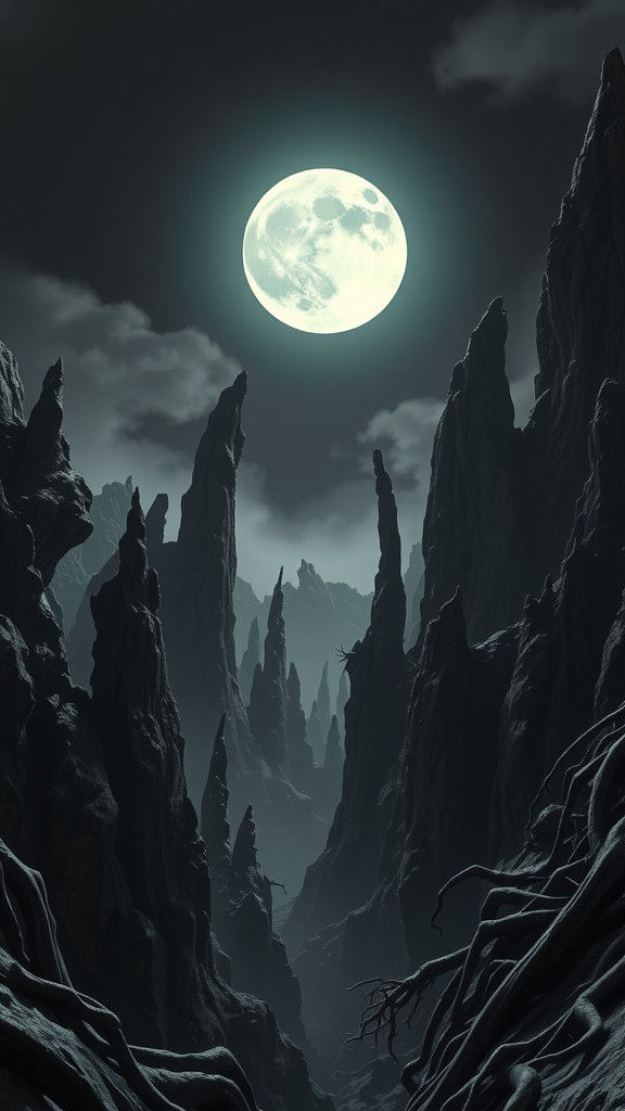 Monochromatic Moonlit Hellscape in Fantasy Art Style