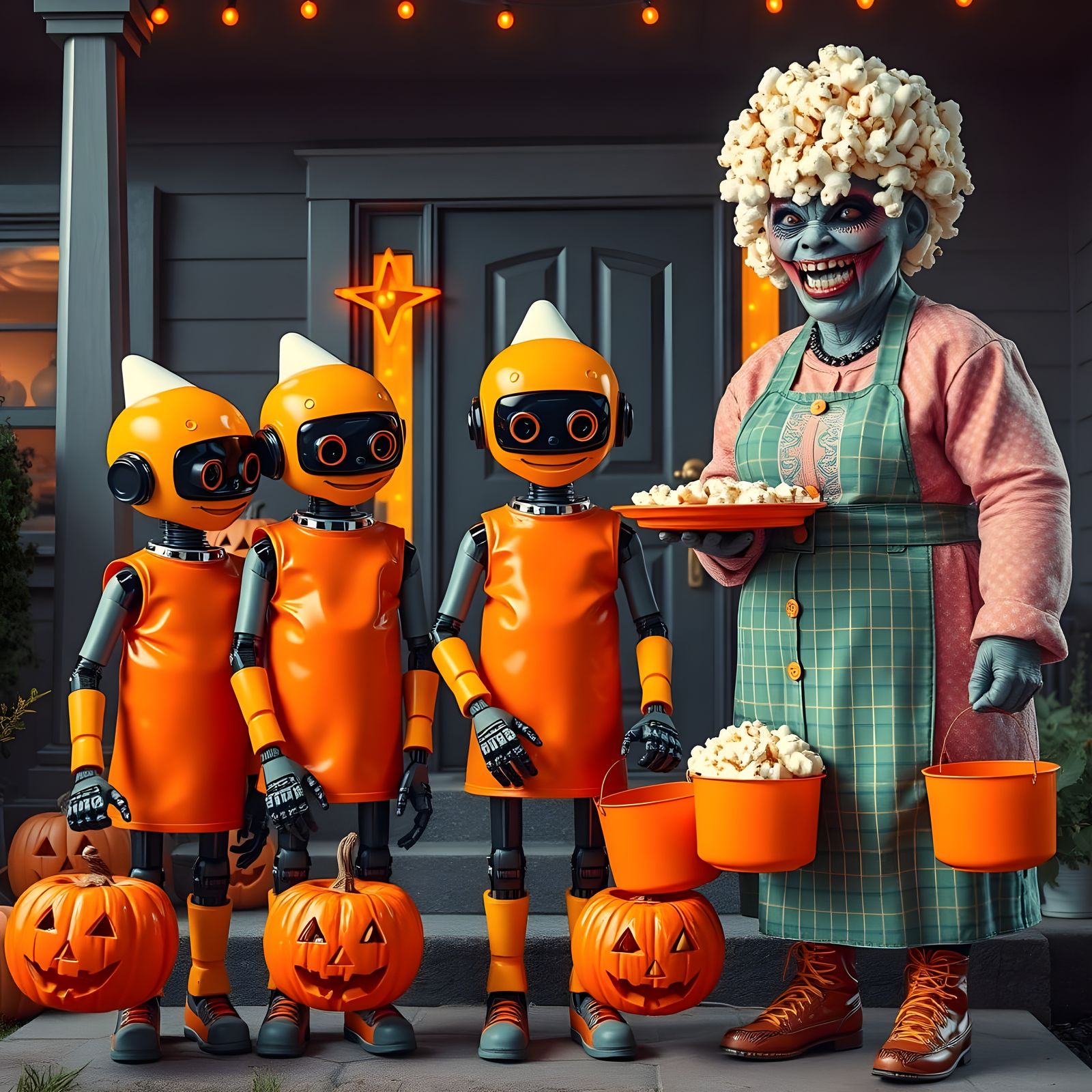 Pop Art Robots and Zombie Mother Halloween Scene