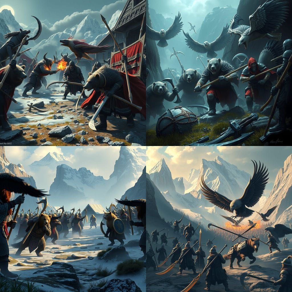 Epic Battle: Bears vs Wolves in Valley, 3D Render