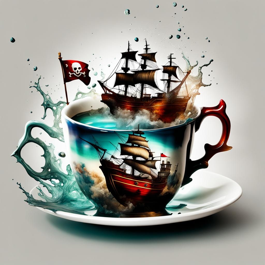 Pirate Heist in Porcelain Teacup: Digital Splash Art