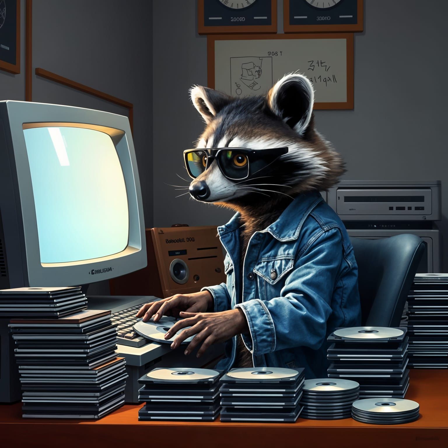 Raccoon Copying CDs on a Retro Computer