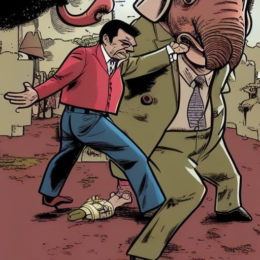 Mr. Bean Versus Elephant in Darrow Art Style