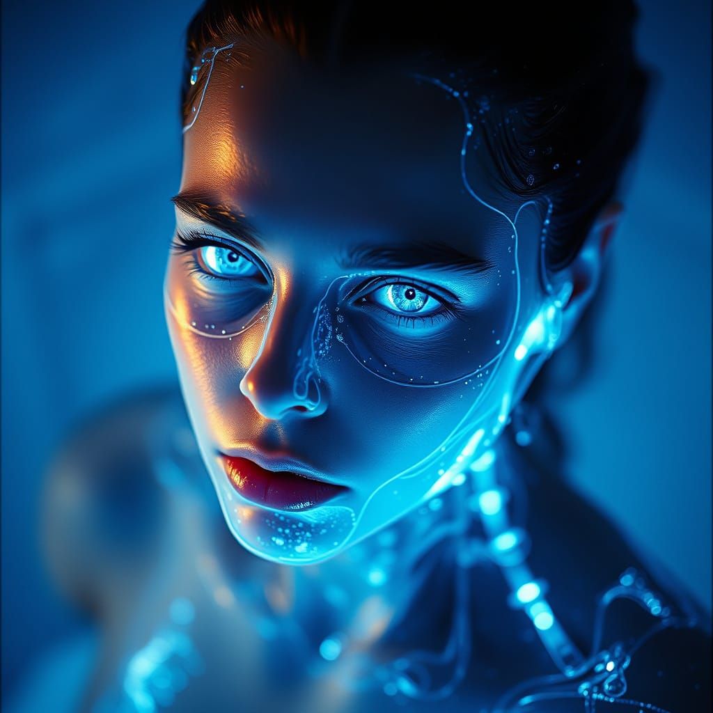 Shimmering Hydroborg with Blue Eyes, Cinematic Style