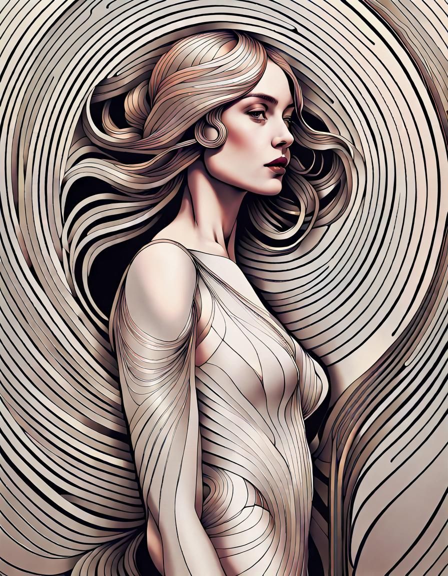 Avant Garde Art Nouveau Female Form in Line Art