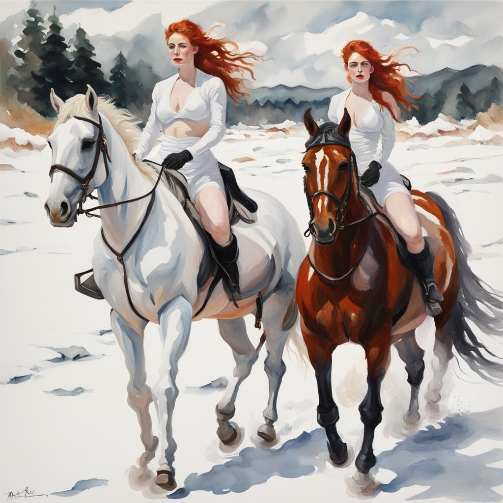 Snowy Ride: Gouache and Watercolor Masterpiece