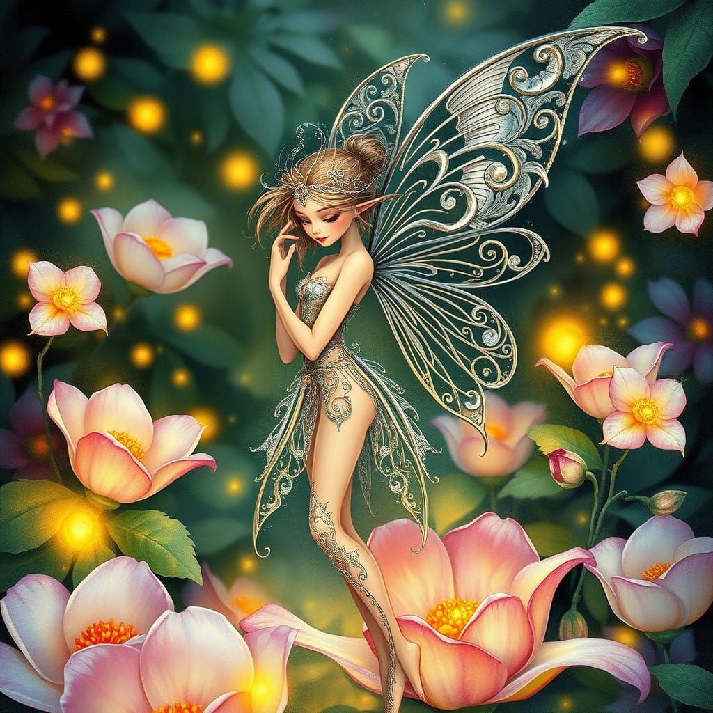 Whimsical Fairy Amidst Enchanted Garden Blooms