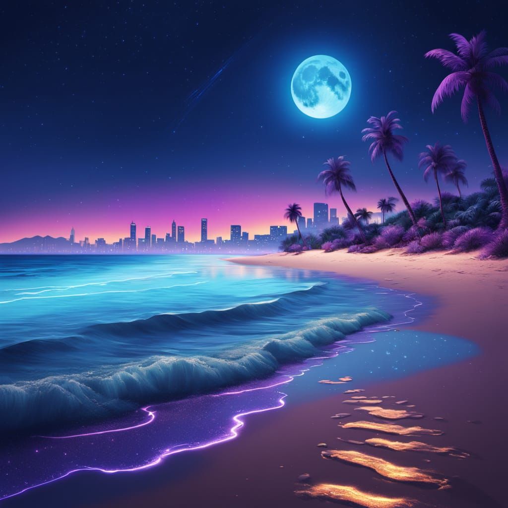 Glowing Footprints on a Retro Sci-Fi Beach