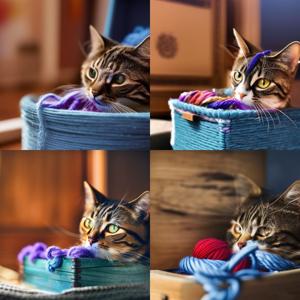 Hyperdetailed Cat Peering from Yarn-Filled Antique Box